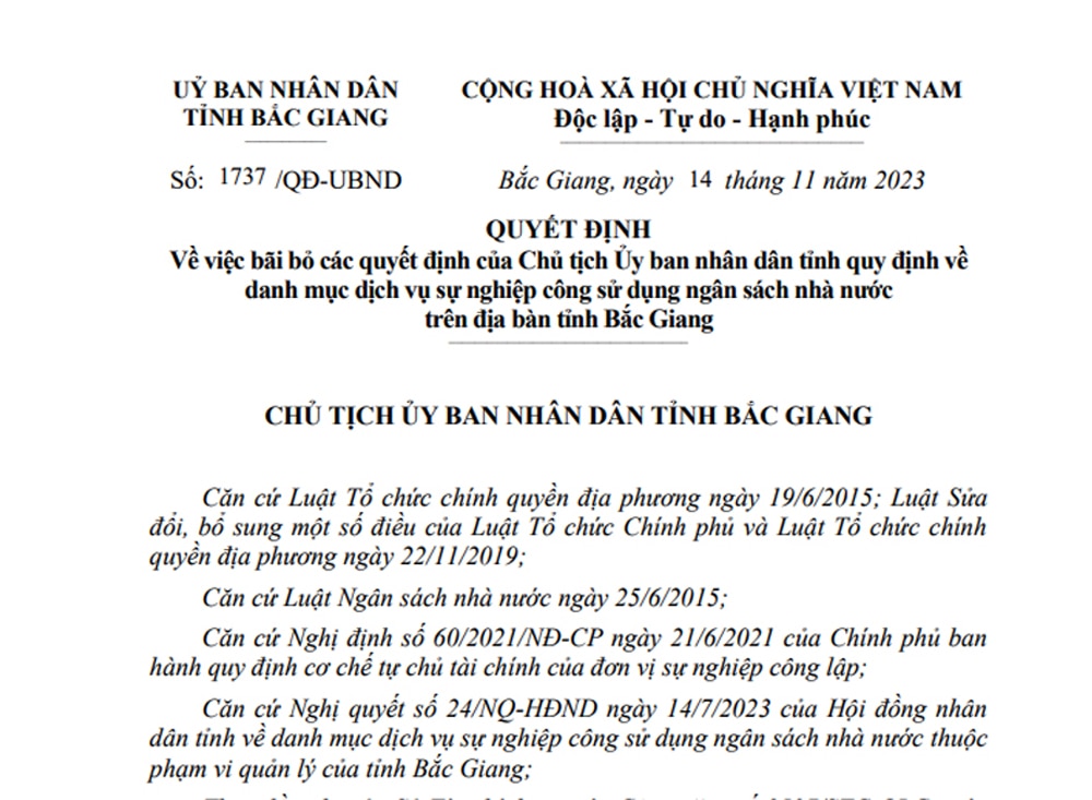 tin tức bắc giang, tỉnh bắc giang, Bãi bỏ các quyết định, quy định về danh mục, dịch vụ sự nghiệp công, ngân sách nhà nước, ngành nông nghiệp, phát triển nông thôn