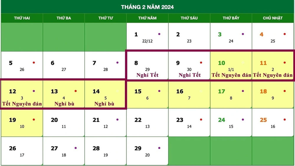 Lịch nghỉ tết Nguyên đán 2024 chính thức,  29/12 Âm lịch, Nghỉ tết