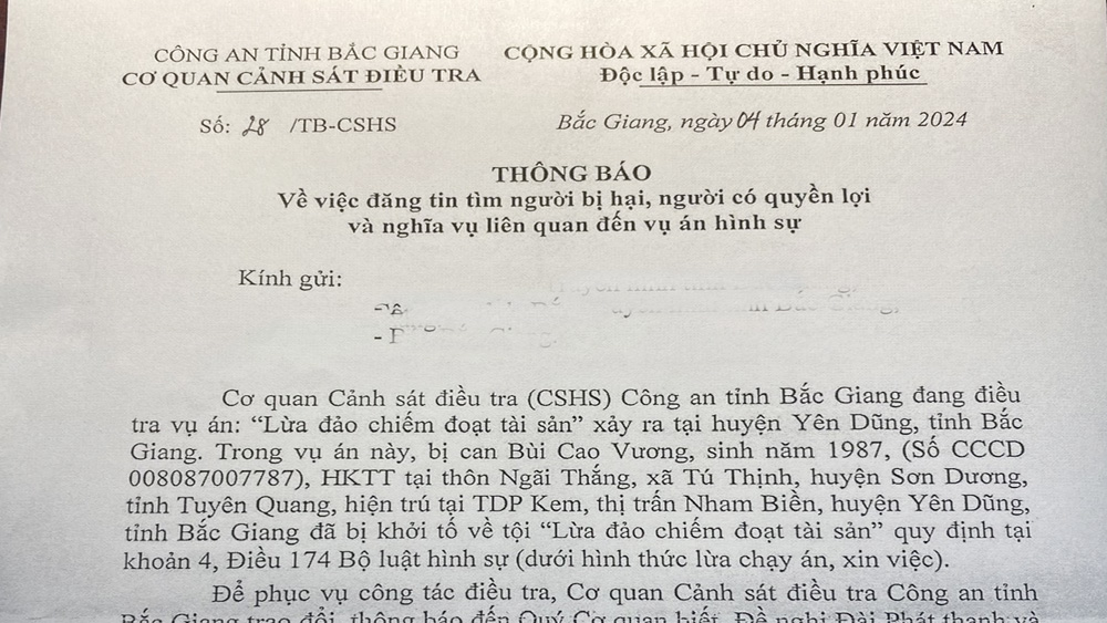 tin tức bắc giang, tìm bị hại, lừa đảo chiếm đoạt tài sản, công an, lục ngạn, yên dũng