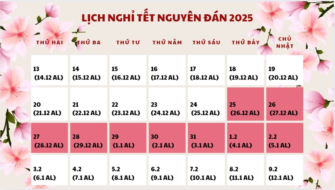 Lịch nghỉ Tết Nguyên đán 2025. Ảnh: Đan Thanh