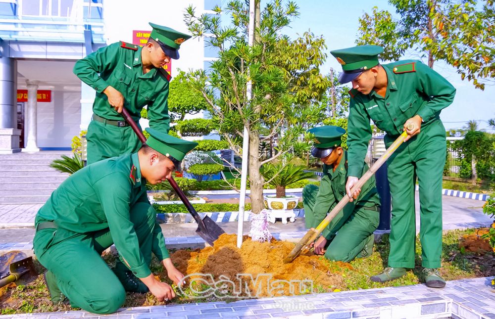 Chiến sĩ đơn vị trồng và chăm sóc cây trong tại doanh trại.