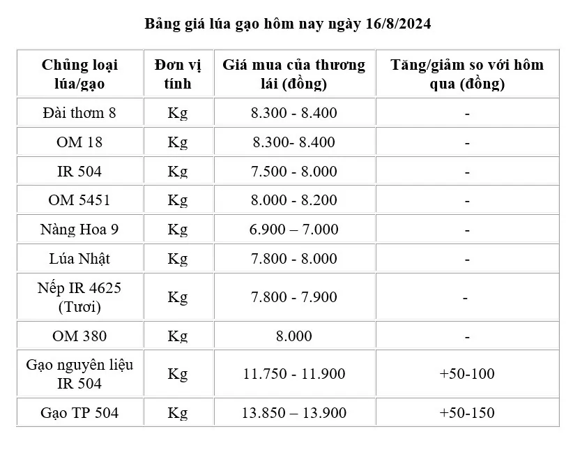 Giá lúa gạo hôm nay 16/8/2024: Giá gạo tăng nhẹ, giá lúa tăng từ 50-900 đồng