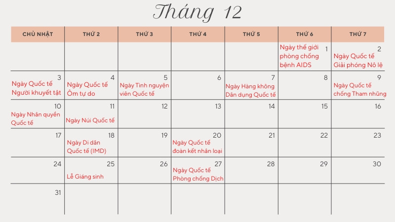 Ngày lễ Quốc tế trong tháng 12