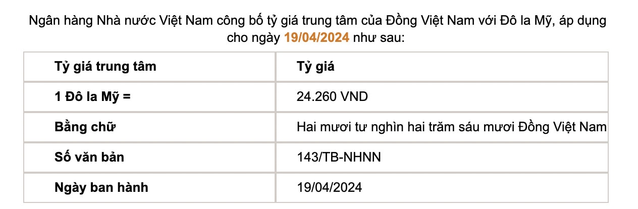 Tỷ giá trung tâm được Ngân hàng Nhà nước công bố. Ảnh chụp màn hình