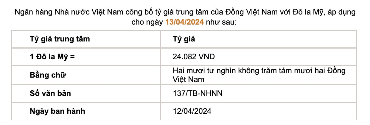 Tỷ giá trung tâm do Ngân hàng Nhà nước công bố. Ảnh chụp màn hình