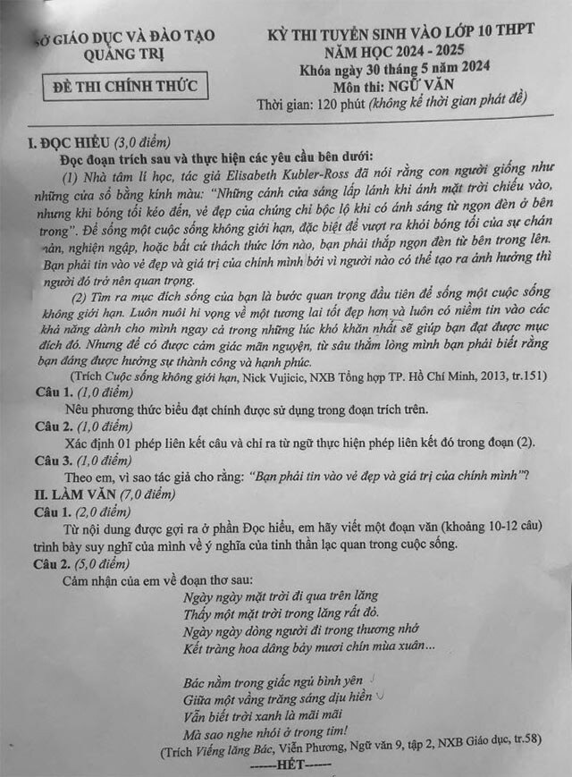 Đề thi vào 10 môn Văn Quảng Trị năm 2024 - 2025