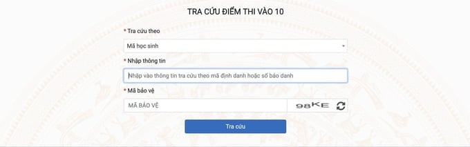 Hình ảnh giao diện trang tra cứu điểm thi vào 10. Ảnh: Chụp màn hình.