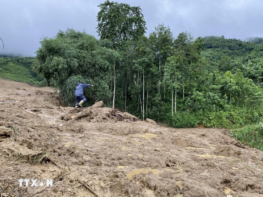 Hiện trường khu vực xảy ra lũ ống, lũ quét tại thôn làng Nủ, tỉnh Lào Cai. (Ảnh: TTXVN phát)