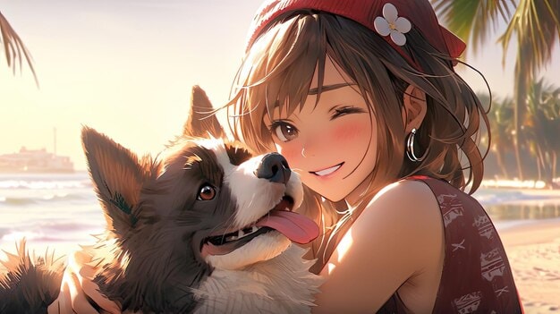 Seaside Serenity AnimeInspired Digital Art Featuring a Girl with Her Dog on the Beach | Premium AI-generated image