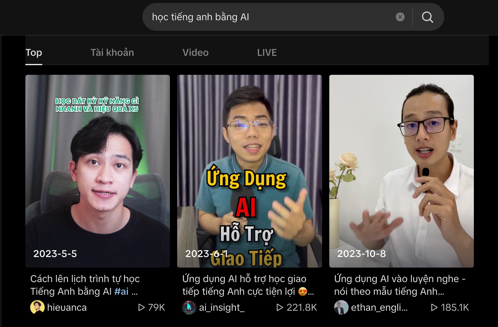 Các video có lượt xem cao với từ khoá “học tiếng anh bằng AI” trên TikTok (Nguồn: tiktok.com)