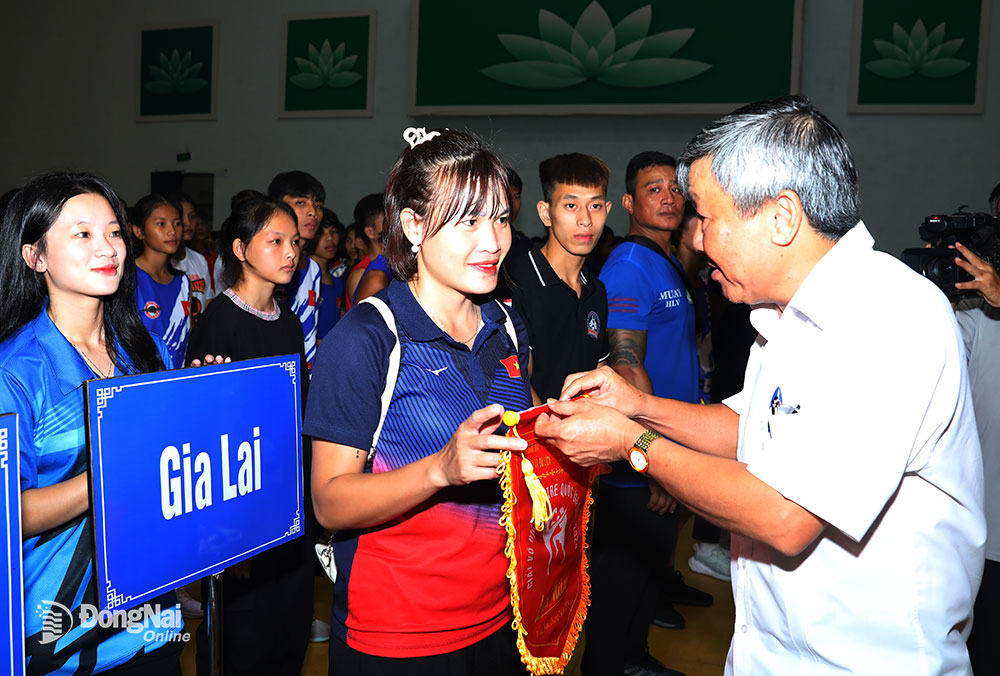 Phó bí thư thường trực Tỉnh ủy Hồ Thanh Sơn tặng cờ lưu niệm cho đại diện các đơn vị tham dự giải tại lễ khai mạc. Ảnh: Huy Anh