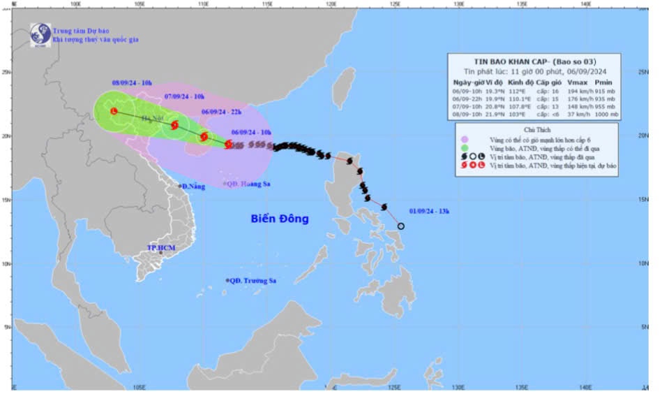 Bản đồ dự báo quỹ đạo và cường độ bão số 3 phát lục 11 giờ 30 ngày 6-9. Ảnh: Đài Khí tượng thủy văn Đồng Nai