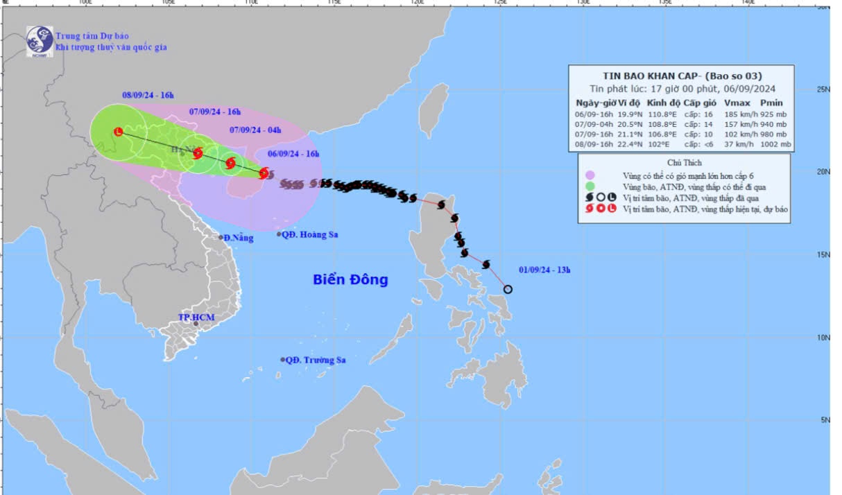 Bản đồ quỹ đạo và cường độ bão số 3 phát lúc 17 giờ ngày 6-9. Ảnh: Đài Khí tượng thủy văn tỉnh