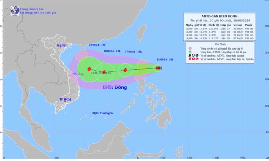 Bản đồ dự báo quỹ đạo và cường độ áp thấp nhiệt đới phát lúc 20 giờ, ngày 16-9. Ảnh: Đài Khí tượng thủy văn Đồng Nai