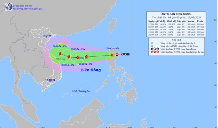 Bản đồ dự báo quỹ đạo và cường độ áp thấp nhiệt đới lúc 8g ngày 17-9. Ảnh: Đài Khí tượng thủy văn Đồng Nai