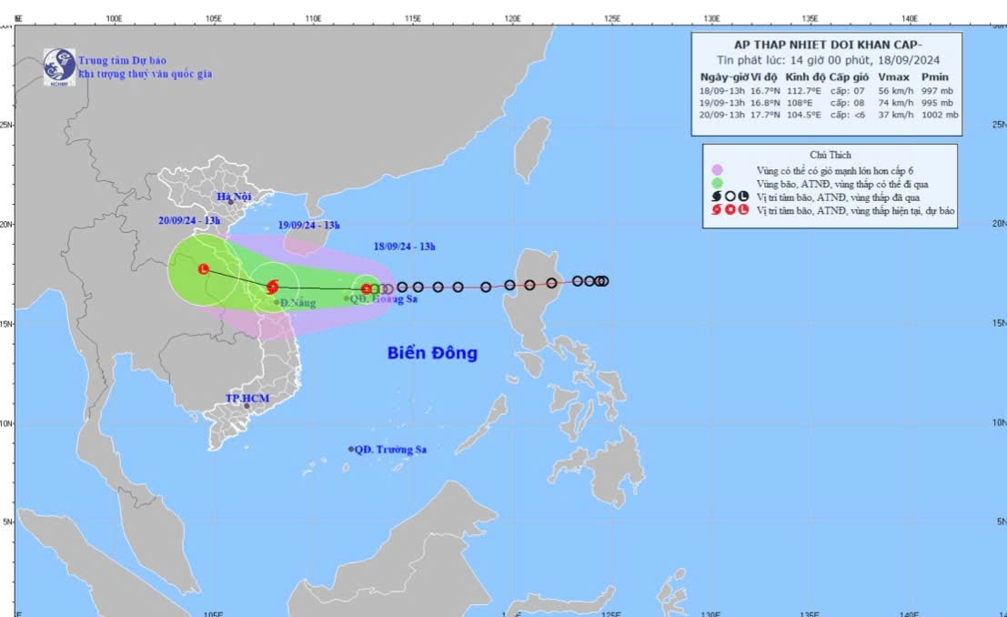 Bản đồ dự báo quỹ đạo và cường độ áp thấp nhiệt đới phát lúc 14giờ ngày 18-9