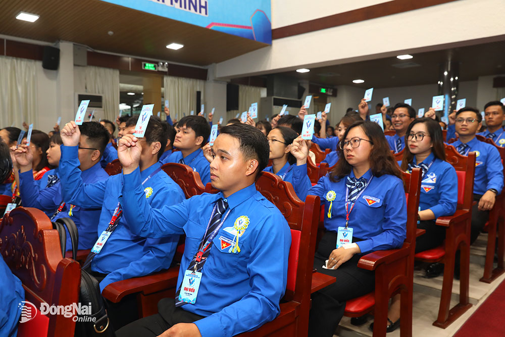 Các đại biểu tham dự biểu quyết thông qua số lượng Đoàn chủ tịch, đoàn thư ký và chương trình Đại hội đại biểu Hội Liên hiệp thanh niên tỉnh Đồng Nai lần thứ VIII, nhiệm kỳ 2024-2029. Ảnh: Huy Anh