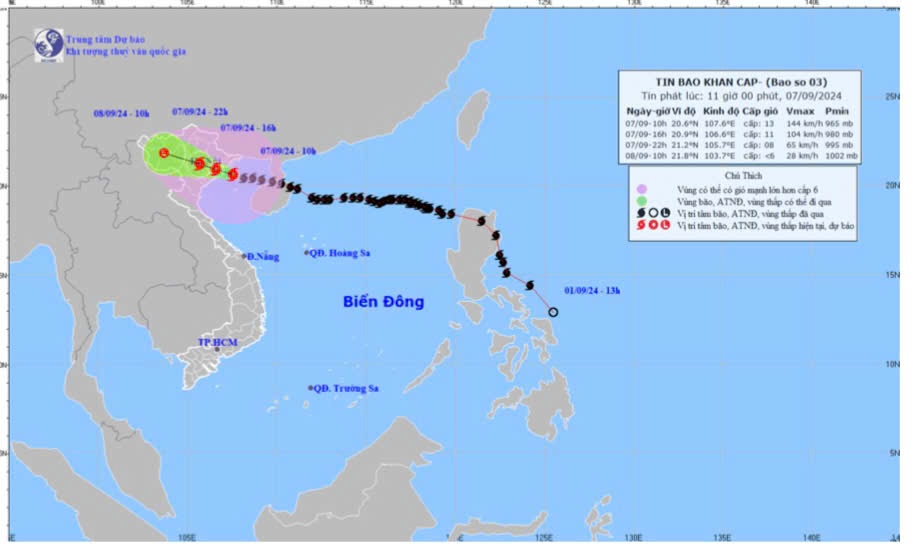 Bản đồ dự báo quỹ đạo và cường độ của bảo số 3 phát lúc 11 giờ ngày 7-9. Ảnh: Đài Khí tượng thủ văn Đồng Nai