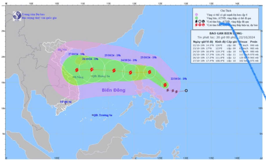 Bản độ dự báo quỹ đạo và cường độ bão TraMi phát lúc 20 giờ ngày 22-10