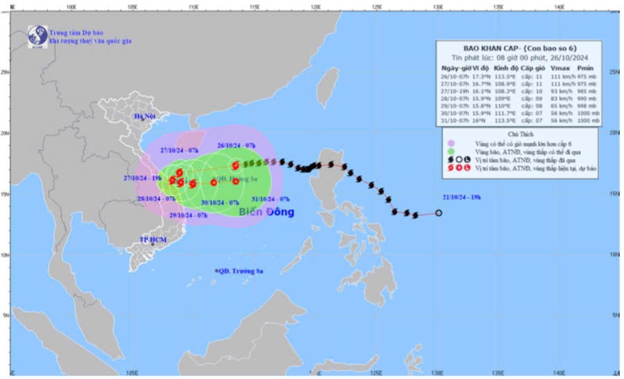 Bản đồ dự báo quỹ đạo và đường đi của bão phát lúc 8 giờ ngày 26-10.