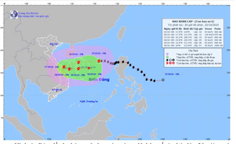 Bản đồ dự báo cường độ bão số 6 phát lúc 20 giờ ngày 25-10