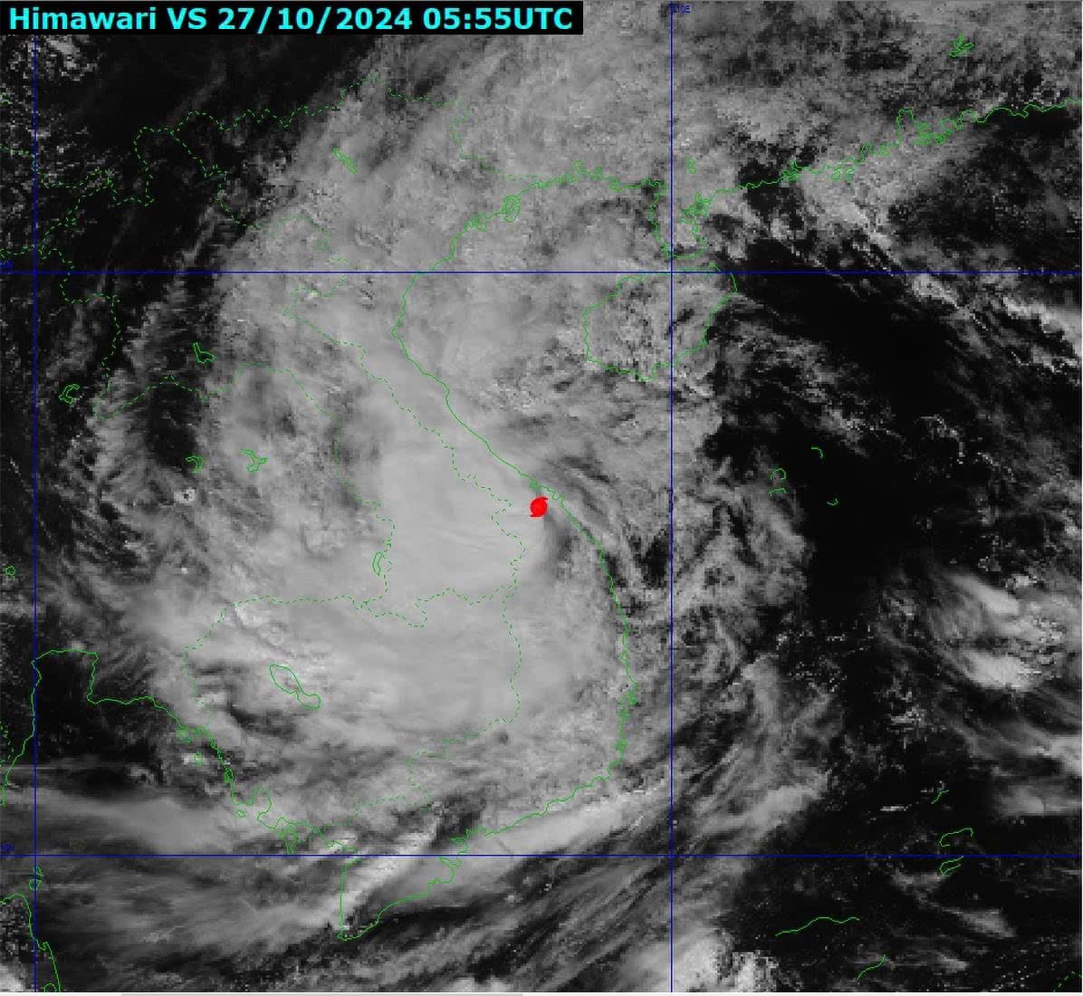 Vị trí tâm bão (chấm màu đỏ) ảnh Trung tân khí tượng thủy văn Quốc gia chụp qua vệ tinh   
