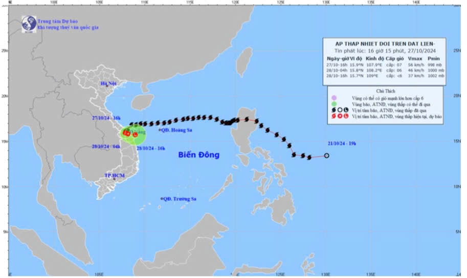 Bản đồ dự báo quỹ đạo và đường đi áp thấp nhiệt đới suy yếu từ bão số 6 phát lúc 17 giờ 27-10