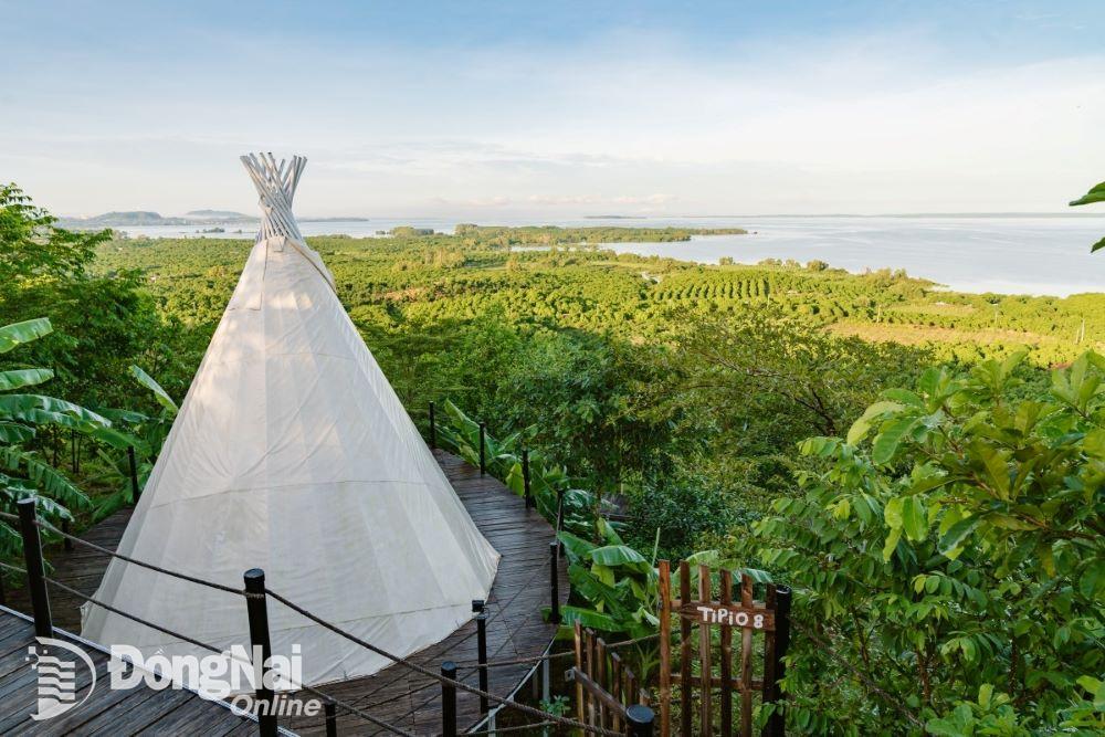 Khuôn viên lều Tipi mát rượi sáng sớm tại Panorama Glamping hồ Trị An. Ảnh: Panorama