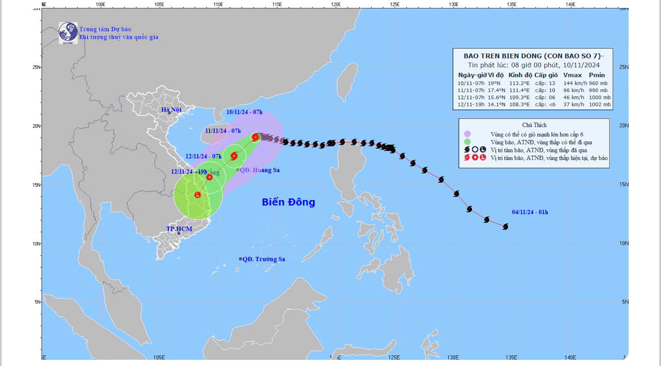 Bản đồ dự báo quỹ đạo và đường đi của bão số 7 phát lúc 8 giờ ngày 10-11. 