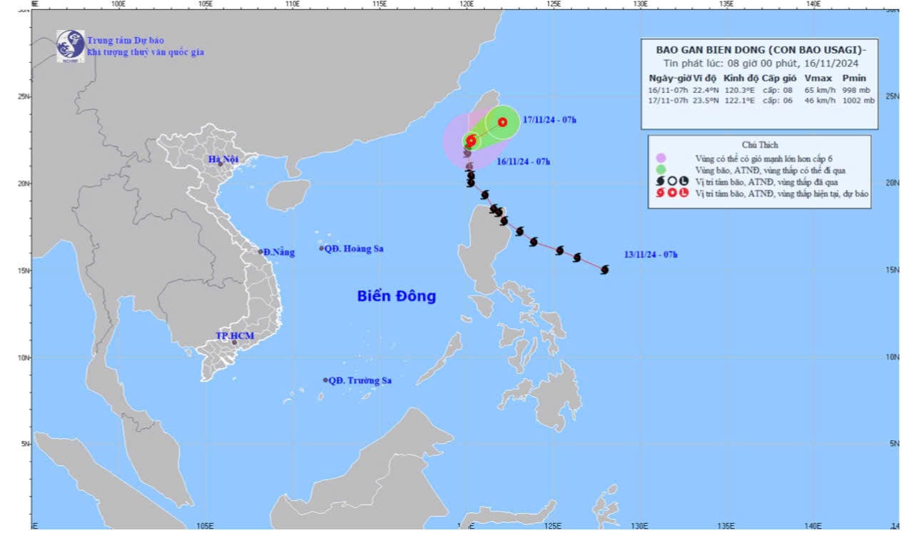 Bản độ dự báo quỹ đạo và cường độ bão Usagi phát lúc 8 giờ ngày 16-11
