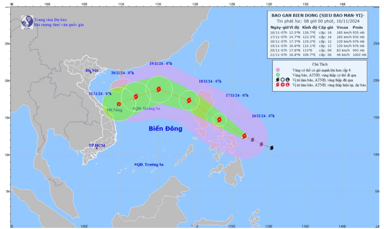 Bản độ dự báo quỹ đạo và cường độ bão Manyi phát lúc 8 giờ ngày 16-11.