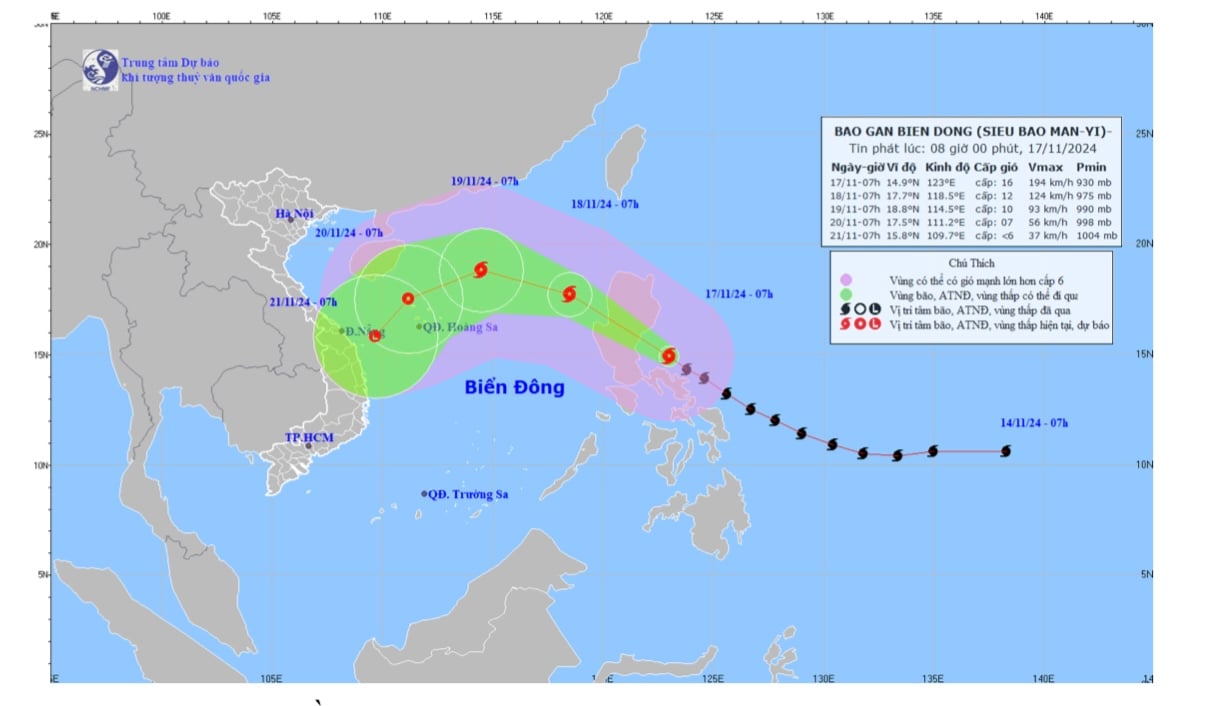 Bản đồ dự báo quỹ đạo và cường độ siêu bão Manyi phát lúc 8
giờ ngày 17-11. 