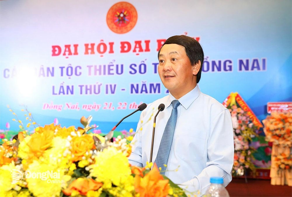 Ủy viên Trung ương Đảng, Bộ trưởng, Chủ nhiệm Ủy ban Dân tộc Hầu A Lềnh phát biểu tại đại hội. Ảnh: Huy Anh