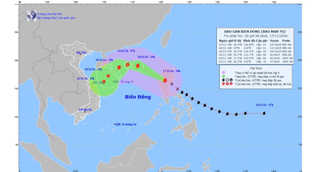 Bản đồ dự báo quỹ đạo và cường độ bão Manyi phát lúc 20 giờ ngày 17-11