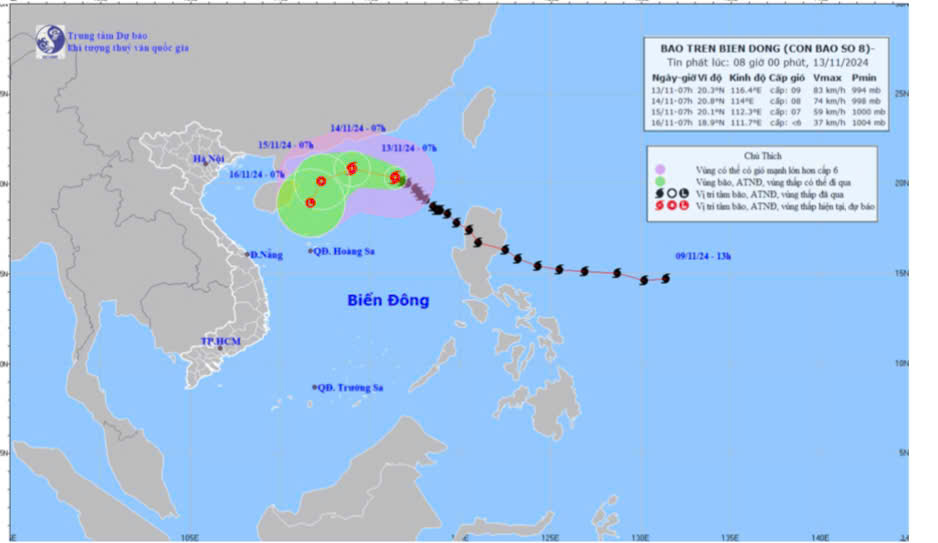 Bản đồ dự báo quỹ đạo và cường độ bão số 8 phát lúc 8 giờ ngáy 3-11