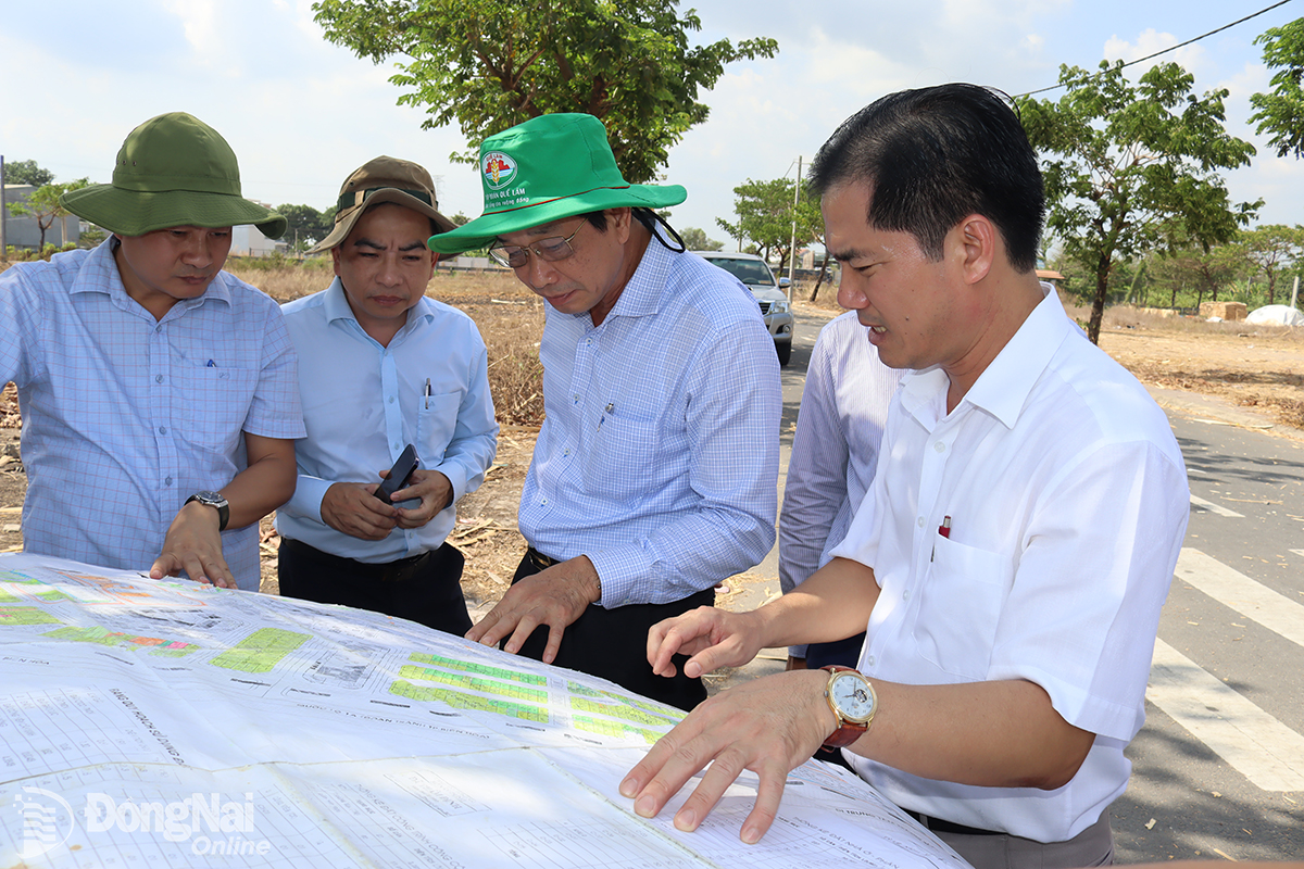 Phó chủ tịch UBND tỉnh Võ Văn Phi (giữa) đi kiểm tra một dự tái định cư tại huyện Trảng Bom.