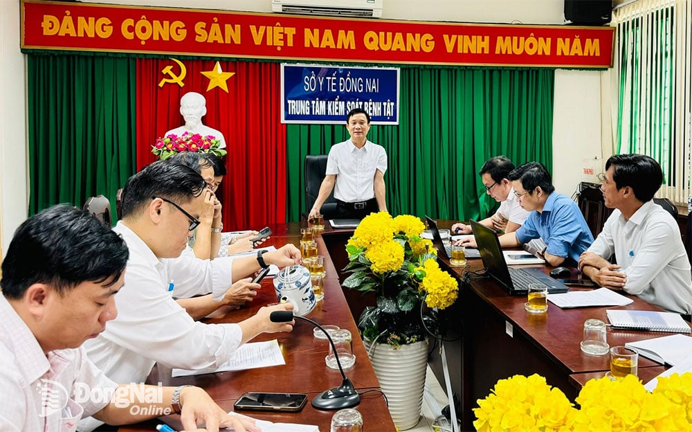 Giám đốc Trung tâm Kiểm soát bệnh tật tỉnh Trần Minh Hòa phát biểu tại buổi làm việc. Ảnh: Hạnh Dung