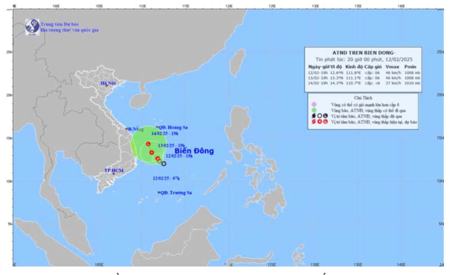 Bản đồ dự báo quỹ đạo và cường độ áp thấp nhiệt đới phát lúc 20 giờ, ngày 12-2