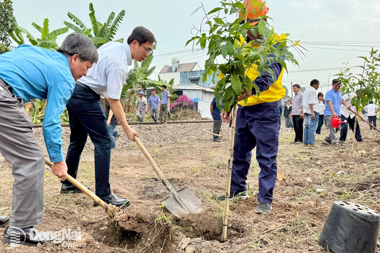 Công ty CP Đường sắt Sài Gòn phối hợp với các cơ quan chức năng trồng hơn 100 cây xanh trong hành lang đường sắt qua địa phương. Ảnh: Đăng Tùng