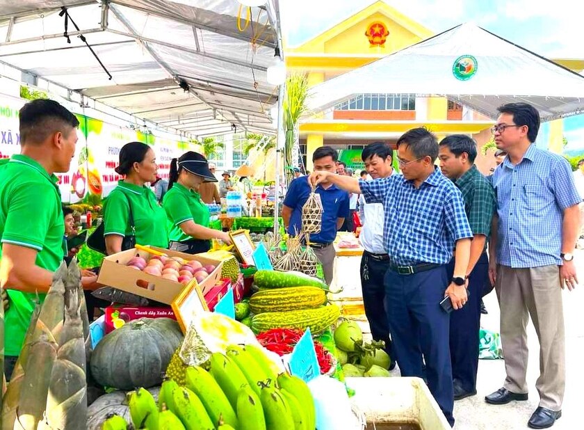 Lãnh đạo thị xã An Khê tham quan các gian hàng trưng bày, giới thiệu sản phẩm tại Phiên chợ nông sản. Ảnh: Quốc Thắng