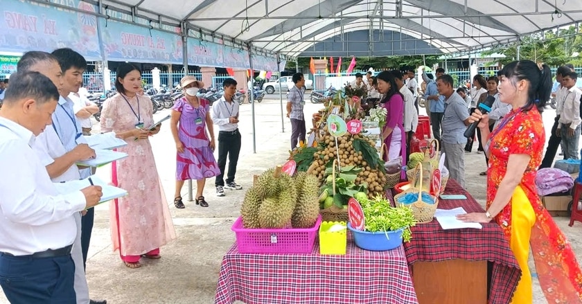 Mỗi Hội Nông dân xã, thị trấn đem đến hội thi một nhóm sản phẩm và phải thuyết trình về sản phẩm của đội mình. Ảnh: Ngô Chiến