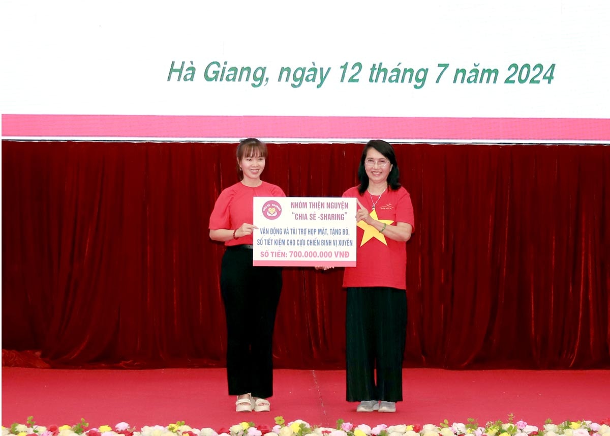 Nhóm thiện nguyện “Chia sẻ - Sharing” trao tượng trưng số tiền 700 triệu đồng tặng cho các cựu chiến binh và gia đình chính sách có hoàn cảnh đặc biệt khó khăn.