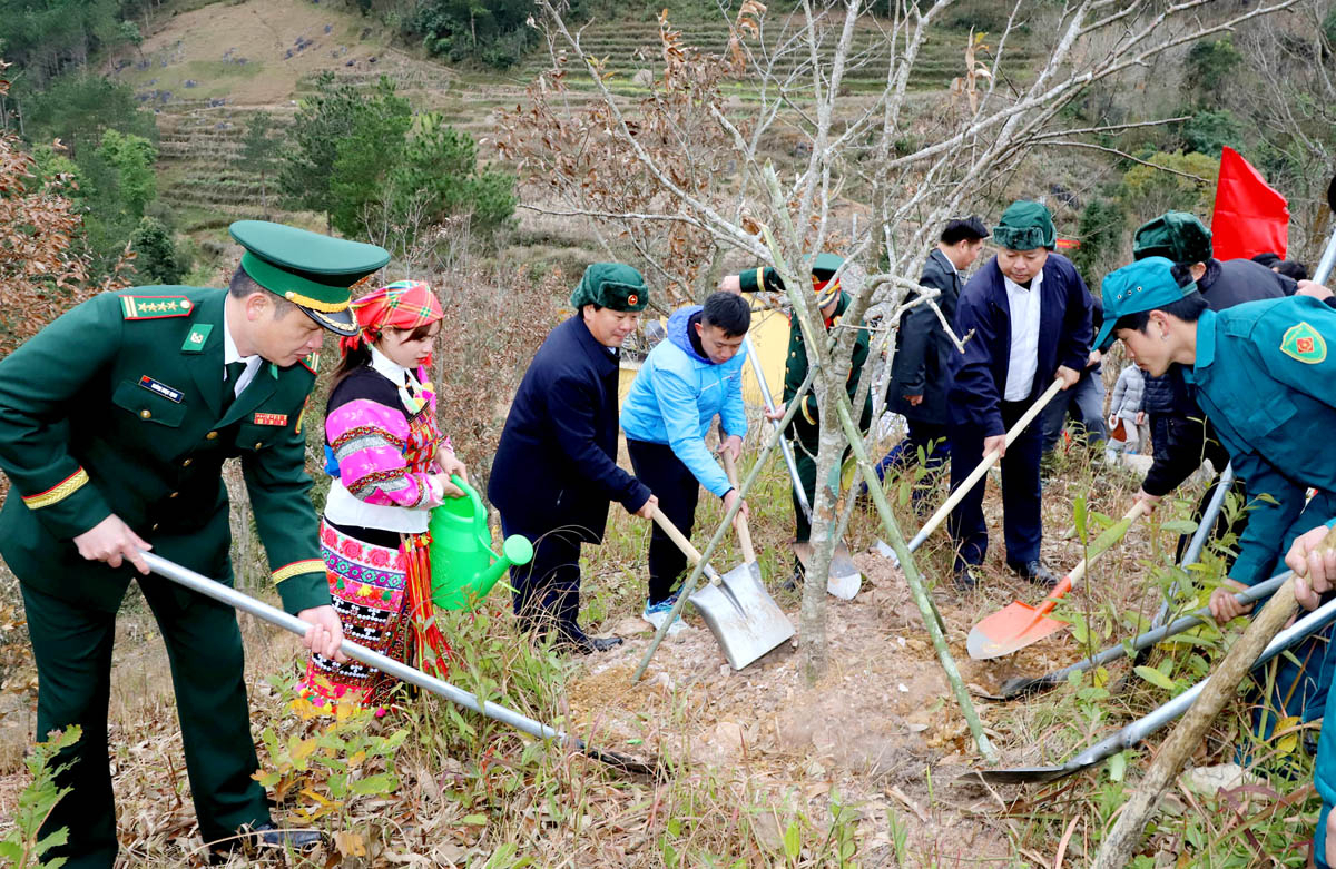 Bí thư Tỉnh ủy Hầu A Lềnh và Chủ tịch UBND tỉnh Phan Huy Ngọc cùng tham gia trồng cây với nhân dân xã Lũng Cú.