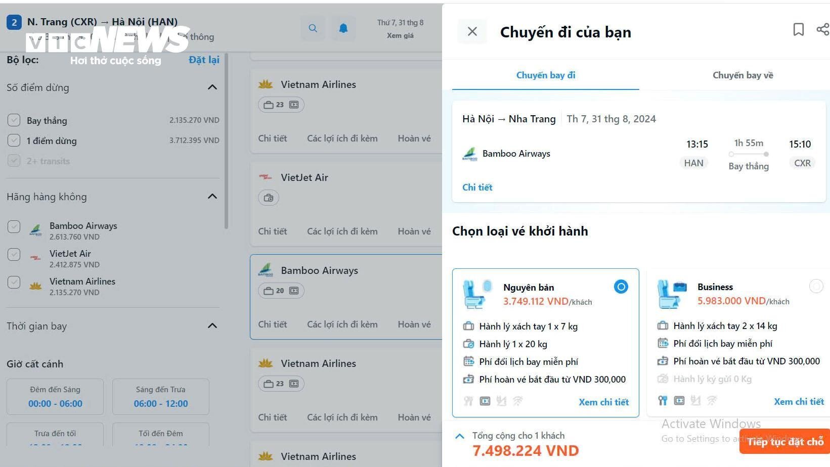 Giá vé máy bay chặng Hà Nội - Nha Trang dịp nghỉ lễ 2/9 có giá gần 7,5 triệu đồng. (Ảnh chụp màn hình).