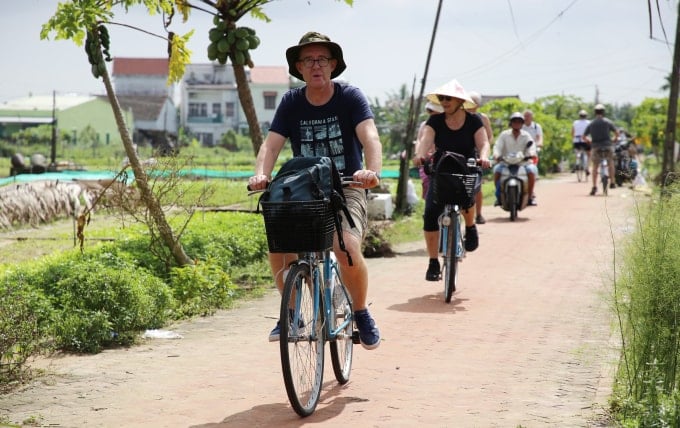 Khách quốc tế đạp xe tham quan làng rau Trà Quế, Hội An tháng 11. Ảnh: Đắc Thành