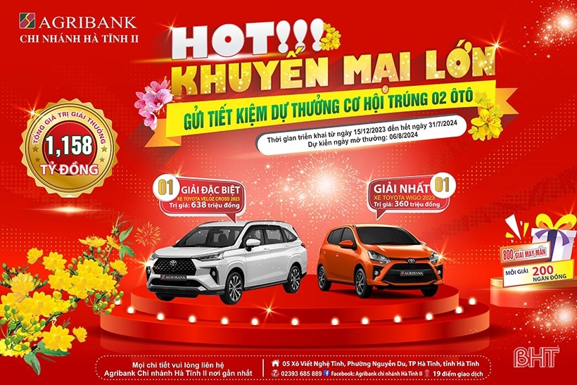 Gửi tiết kiệm Agribank Hà Tĩnh II có cơ hội trúng Toyota Veloz Cross hoặc Toyota Wigo