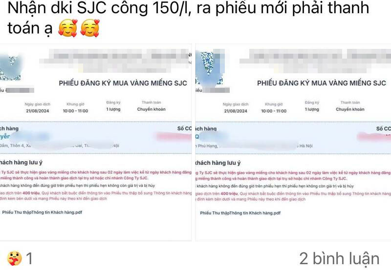 Dịch vụ nhận mua vàng miếng công khai trên các trang mạng xã hội. Ảnh chụp màn hình