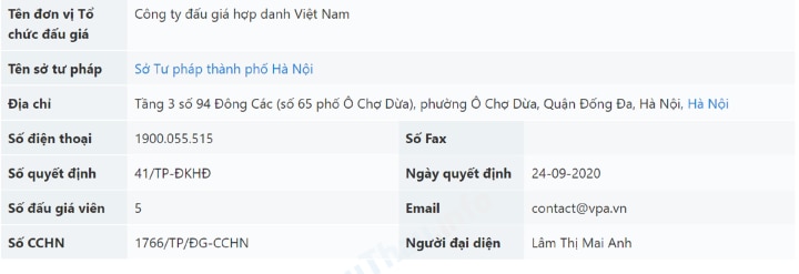 Dữ liệu về Công ty đấu giá hợp danh Việt Nam.