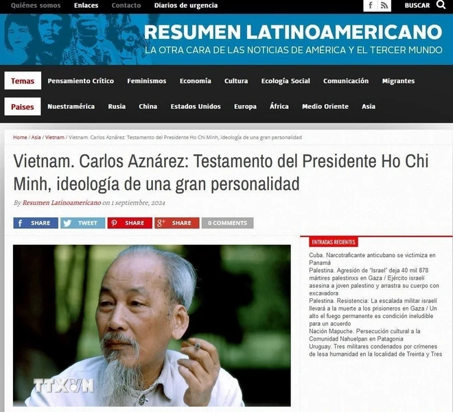 Capture d'écran de l'article sur le président Ho Chi Minh. (Photo : Dieu Huong/VNA)