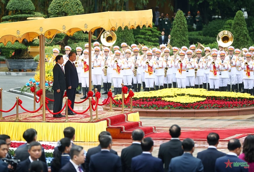 Tổng Bí thư, Chủ tịch nước Tô Lâm chủ trì Lễ đón Tổng Bí thư, Chủ tịch nước Lào Thongloun Sisoulith. Ảnh: TUẤN HUY